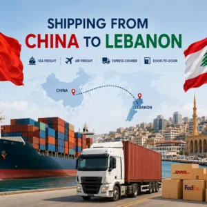 Professional freight forwarding from China to Lebanon by sea freight, air freight, express courier and door-to-door delivery, featuring cargo ship, truck, route map, China flag and Lebanon flag.