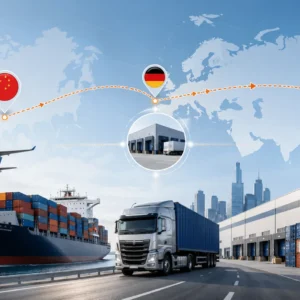 Shipping from China to Lithuania by sea freight, air freight, DDP and door-to-door delivery, showing China to Europe route, EU gateway clearance, Germany warehouse transfer, truck delivery and final delivery to Lithuania.