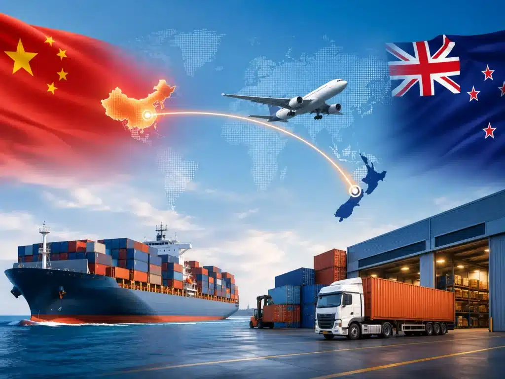 Shipping from China to New Zealand by sea freight, air freight, express courier and DDU delivery, featuring China and New Zealand trade route, cargo ship, airplane, warehouse and final delivery truck.