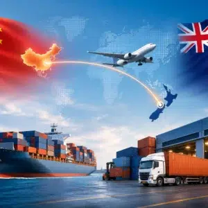 Shipping from China to New Zealand by sea freight, air freight, express courier and DDU delivery, featuring China and New Zealand trade route, cargo ship, airplane, warehouse and final delivery truck.