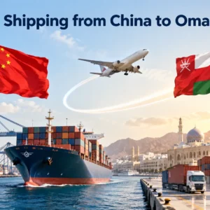 Shipping from China to Oman by sea freight, air freight, express courier and DDP delivery, featuring China and Oman flags, cargo ship, airplane, port logistics and Oman destination skyline.