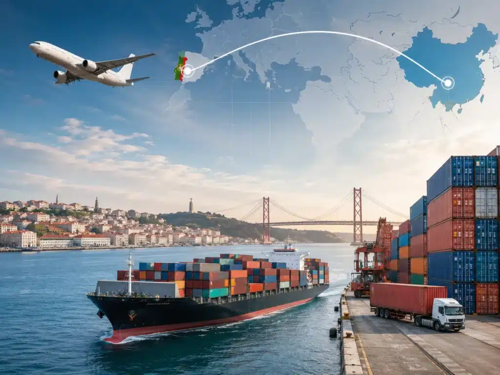 Container ship, cargo airplane and China to Portugal route map for shipping from China to Portugal by sea freight, air freight and door-to-door logistics