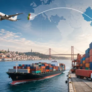 Container ship, cargo airplane and China to Portugal route map for shipping from China to Portugal by sea freight, air freight and door-to-door logistics