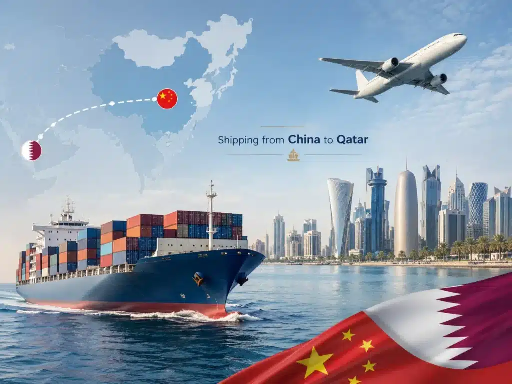 Shipping from China to Qatar with cargo ship, air freight route, China and Qatar flags, and Doha skyline for international freight forwarding service.