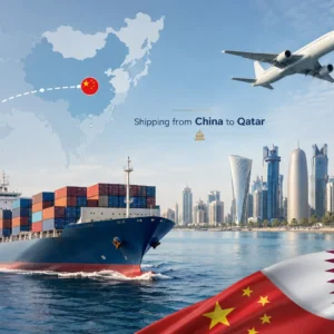 Shipping from China to Qatar with cargo ship, air freight route, China and Qatar flags, and Doha skyline for international freight forwarding service.