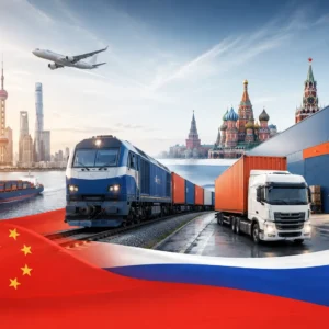 China to Russia freight shipping service by rail, truck, air, sea and DDP, featuring cargo movement from China to Moscow, Russia with container train, truck, airplane, ship and warehouse logistics.