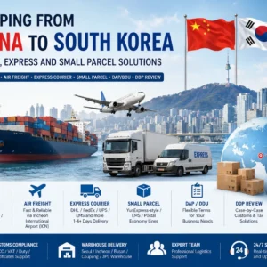 Shipping from China to South Korea by sea freight, air freight, express courier and small parcel service with China and South Korea flags, cargo ship, airplane, trucks and Korea delivery icons.