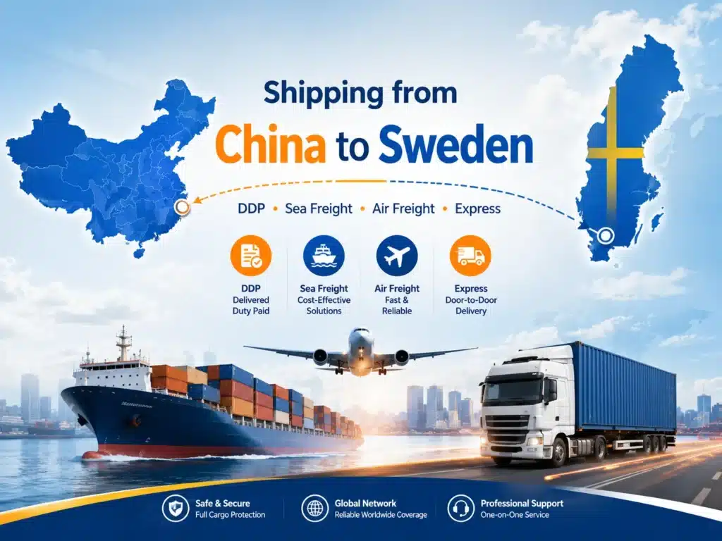 Shipping from China to Sweden with DDP, sea freight, air freight and express delivery, showing China and Sweden maps, cargo ship, airplane and truck logistics routes.