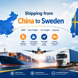 Shipping from China to Sweden with DDP, sea freight, air freight and express delivery, showing China and Sweden maps, cargo ship, airplane and truck logistics routes.