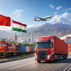 Shipping from China to Tajikistan by truck freight, DDP, multimodal rail and truck transport and air freight, featuring China and Tajikistan flags, cargo truck, train, airplane and Central Asia mountain logistics route.