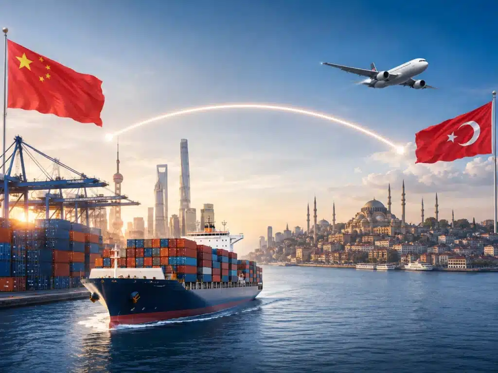 Shipping from China to Turkey by sea freight and air freight, featuring China and Turkey flags, cargo ship, airplane, port logistics and Istanbul skyline.