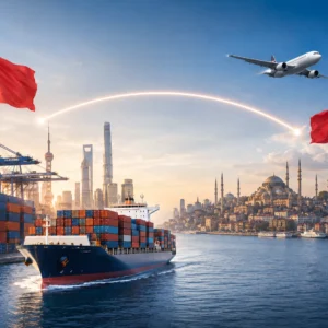 Shipping from China to Turkey by sea freight and air freight, featuring China and Turkey flags, cargo ship, airplane, port logistics and Istanbul skyline.
