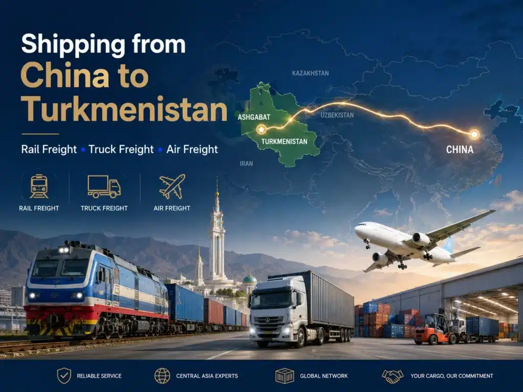 Shipping from China to Turkmenistan with rail freight, TIR truck freight, air cargo, Ashgabat delivery and Central Asia logistics route map