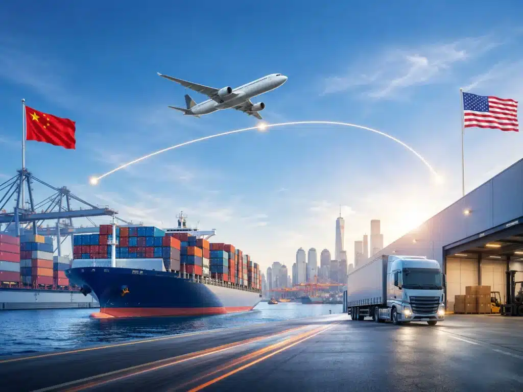 Shipping from China to USA by sea freight, air freight, express courier, DDP and door-to-door delivery, showing a China to United States logistics route with cargo ship, airplane, truck, warehouse and customs delivery planning.