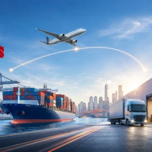 Shipping from China to USA by sea freight, air freight, express courier, DDP and door-to-door delivery, showing a China to United States logistics route with cargo ship, airplane, truck, warehouse and customs delivery planning.
