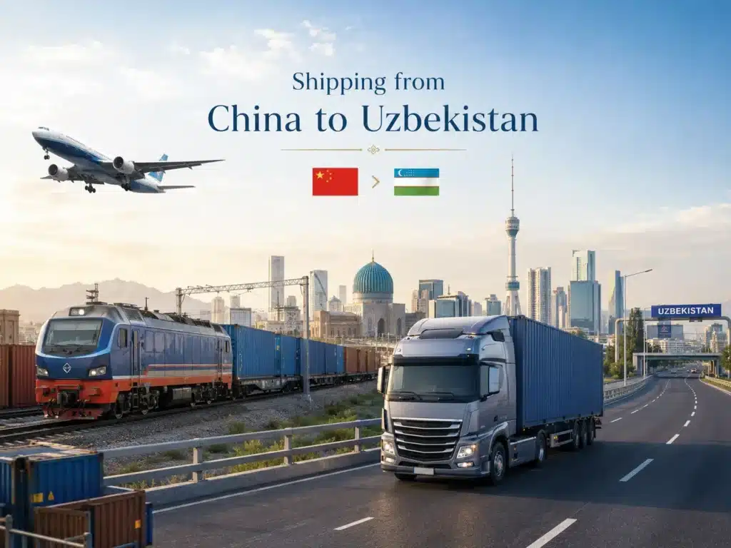 Shipping from China to Uzbekistan by truck freight, railway freight, DDP and air freight, featuring China and Uzbekistan flags, cargo train, truck, airplane and Tashkent logistics skyline.