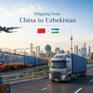 Shipping from China to Uzbekistan by truck freight, railway freight, DDP and air freight, featuring China and Uzbekistan flags, cargo train, truck, airplane and Tashkent logistics skyline.