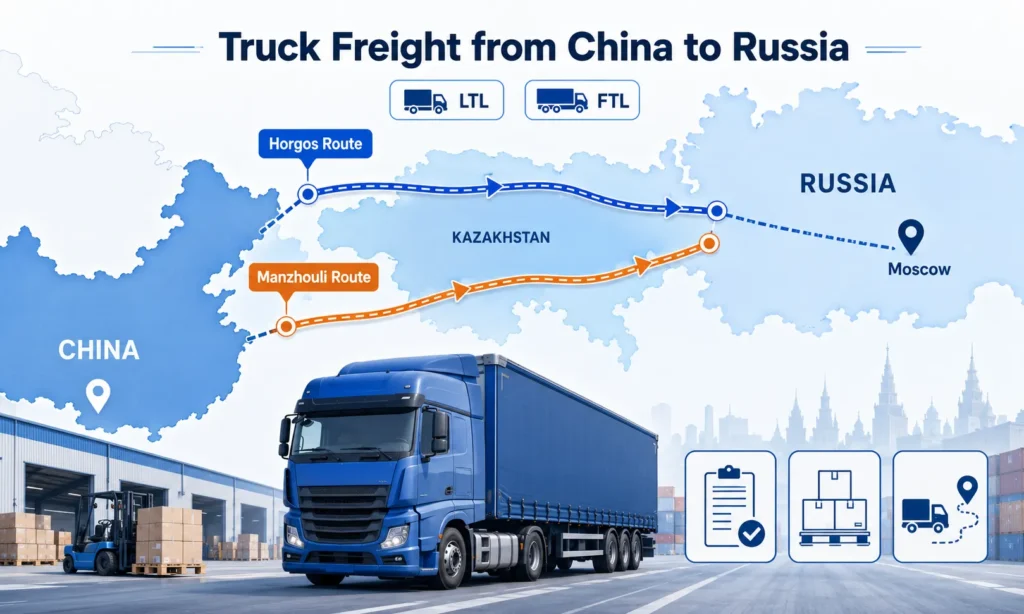 Truck freight from China to Russia showing Horgos and Manzhouli routes, LTL and FTL trucking, customs documents, cargo handling and delivery to Moscow.