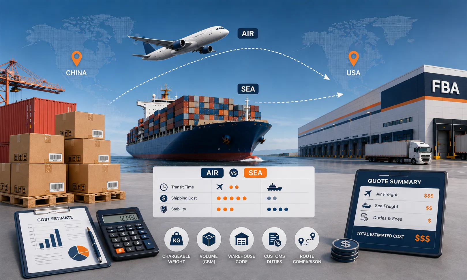 Amazon FBA shipping cost from China to USA comparing air DDP sea DDP chargeable weight CBM warehouse code customs and final delivery