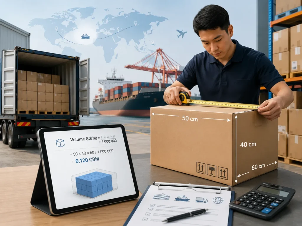 CBM calculator for shipping from China with carton dimensions, volume formula and freight quote planning