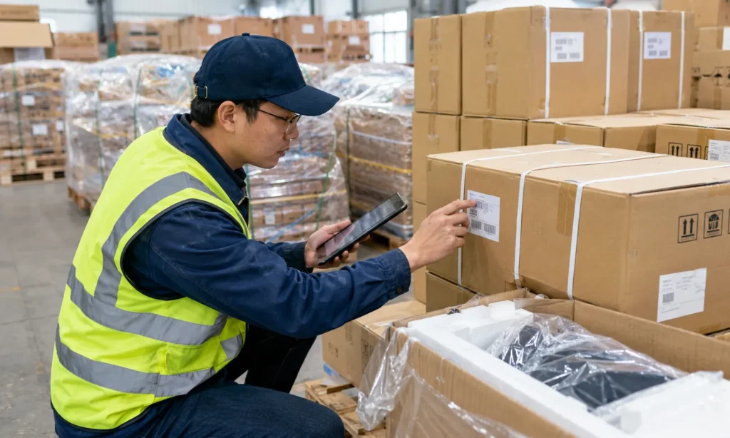 Warehouse staff checking shipping labels, cartons and packaging before goods leave China