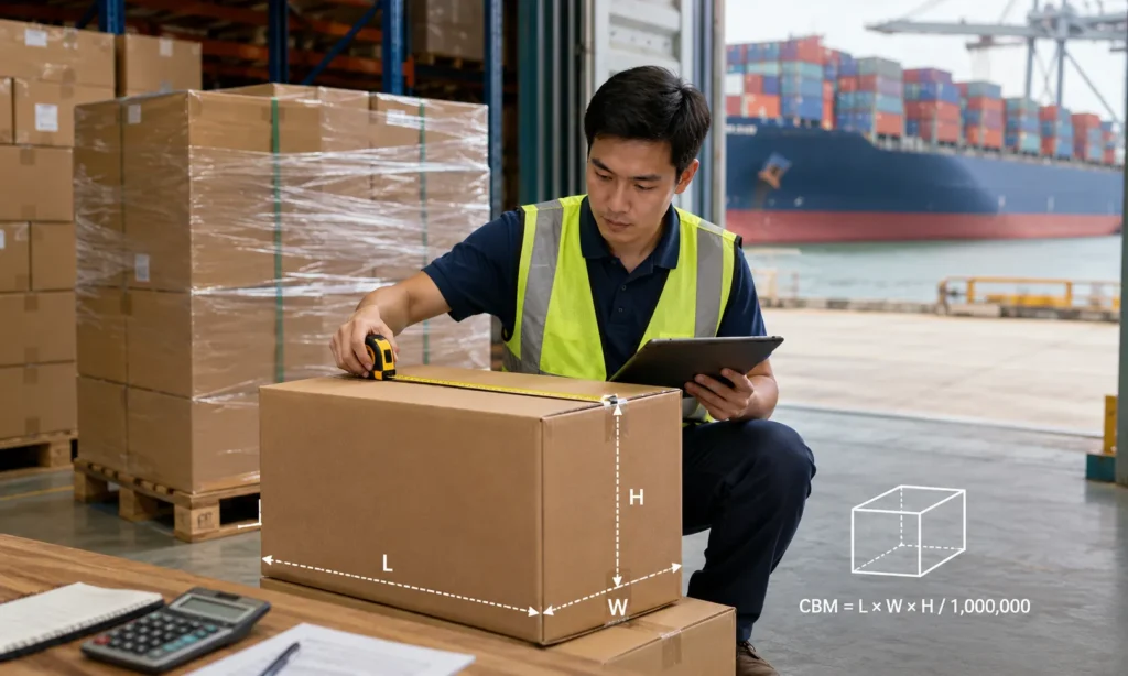CBM Calculator for Shipping from China CBM Calculator for shipping from China showing warehouse worker measuring export cartons for sea freight, air freight and DDP shipping
