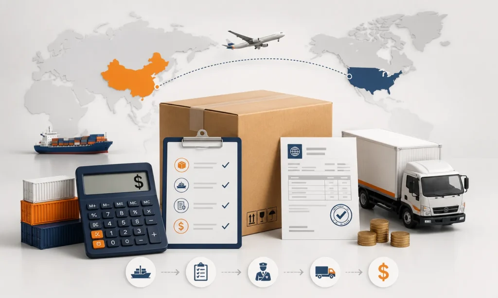 China to USA shipping cost guide showing sea freight, air freight, route map and freight cost planning