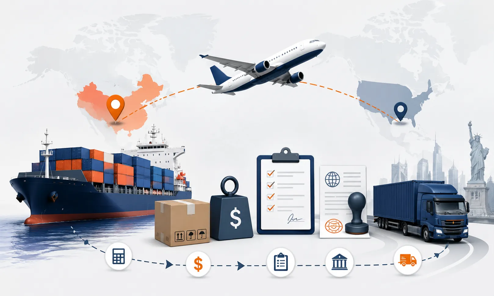 China to USA shipping cost planning with freight method, carton data, customs scope, delivery ZIP code and landed cost review
