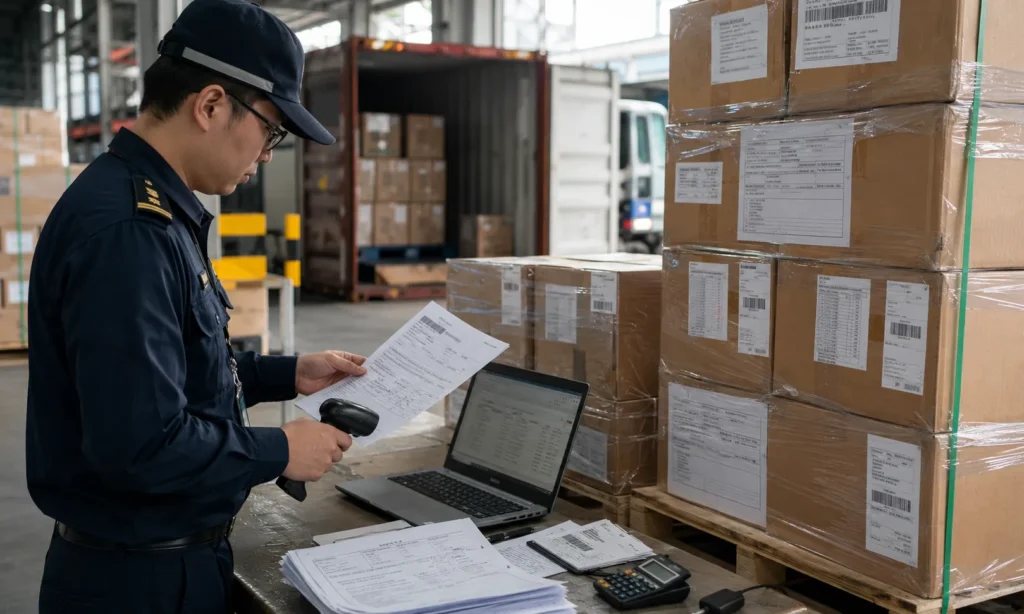 Logistics worker checking invoices, labels and palletized cartons during customs clearance review for a shipment from China