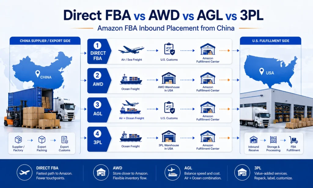 Amazon FBA inbound placement from China showing Direct FBA, AWD, AGL, and 3PL shipping options for sellers