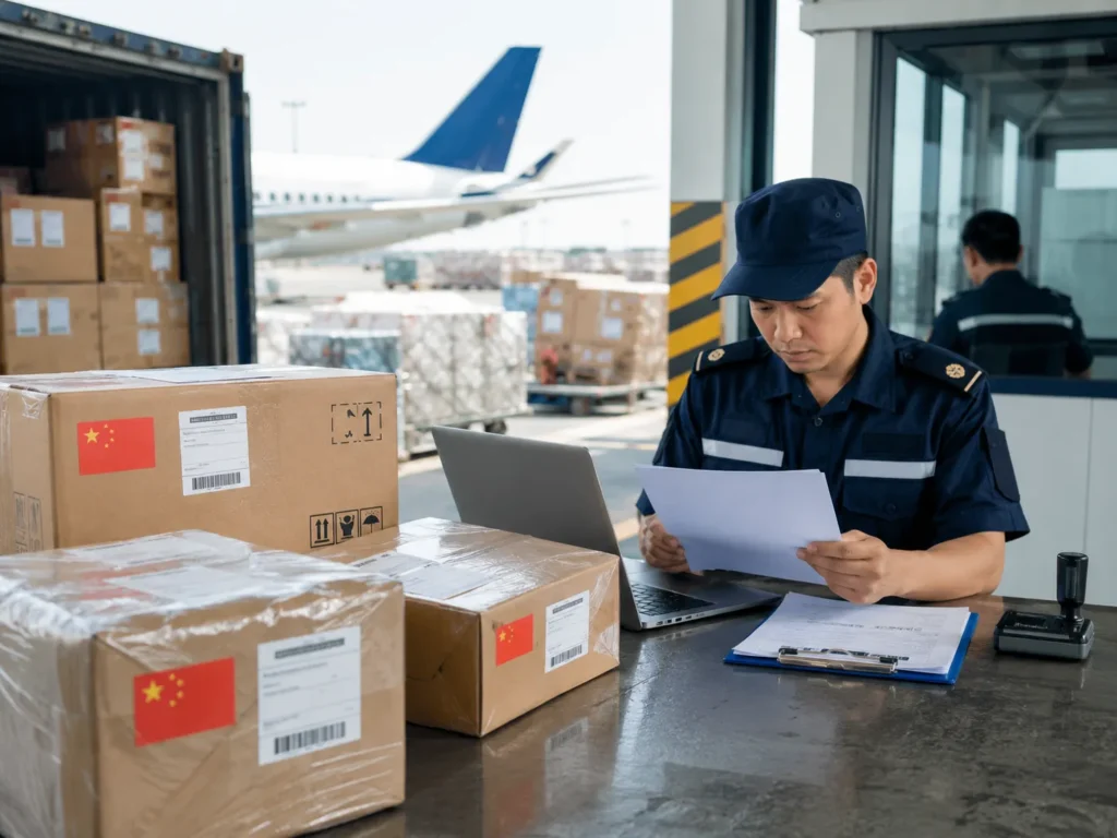 Package stuck in customs from China with customs officer reviewing shipping documents and labeled export cartons