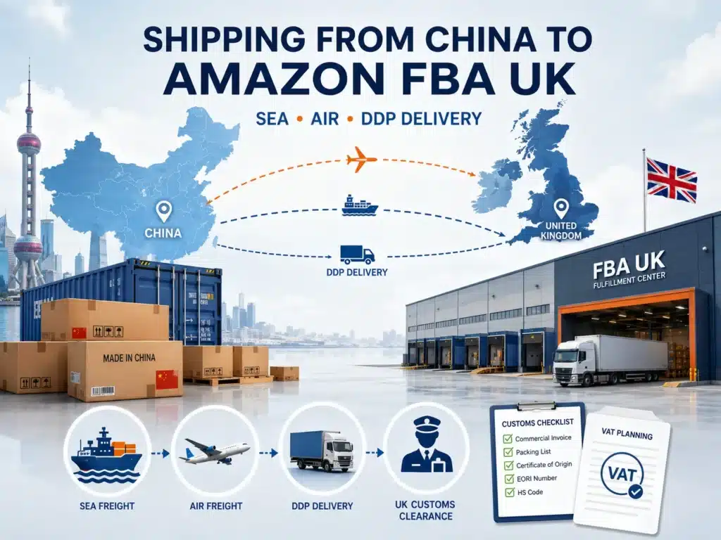 Shipping from China to Amazon FBA UK by sea freight, air freight and DDP delivery, showing China supplier pickup, UK customs clearance, VAT planning and delivery to an Amazon fulfilment centre
