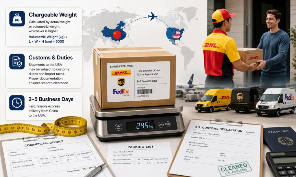 China to USA express shipping cost and customs guide showing chargeable weight, volumetric weight, customs duties, commercial invoice and courier delivery