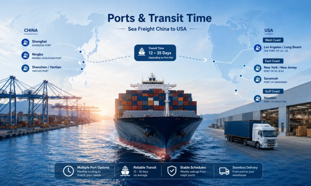 Sea Freight Routes from China to USA Sea freight from China to USA routes connecting Shenzhen Ningbo Shanghai and Qingdao with Los Angeles Long Beach New York Savannah and Houston