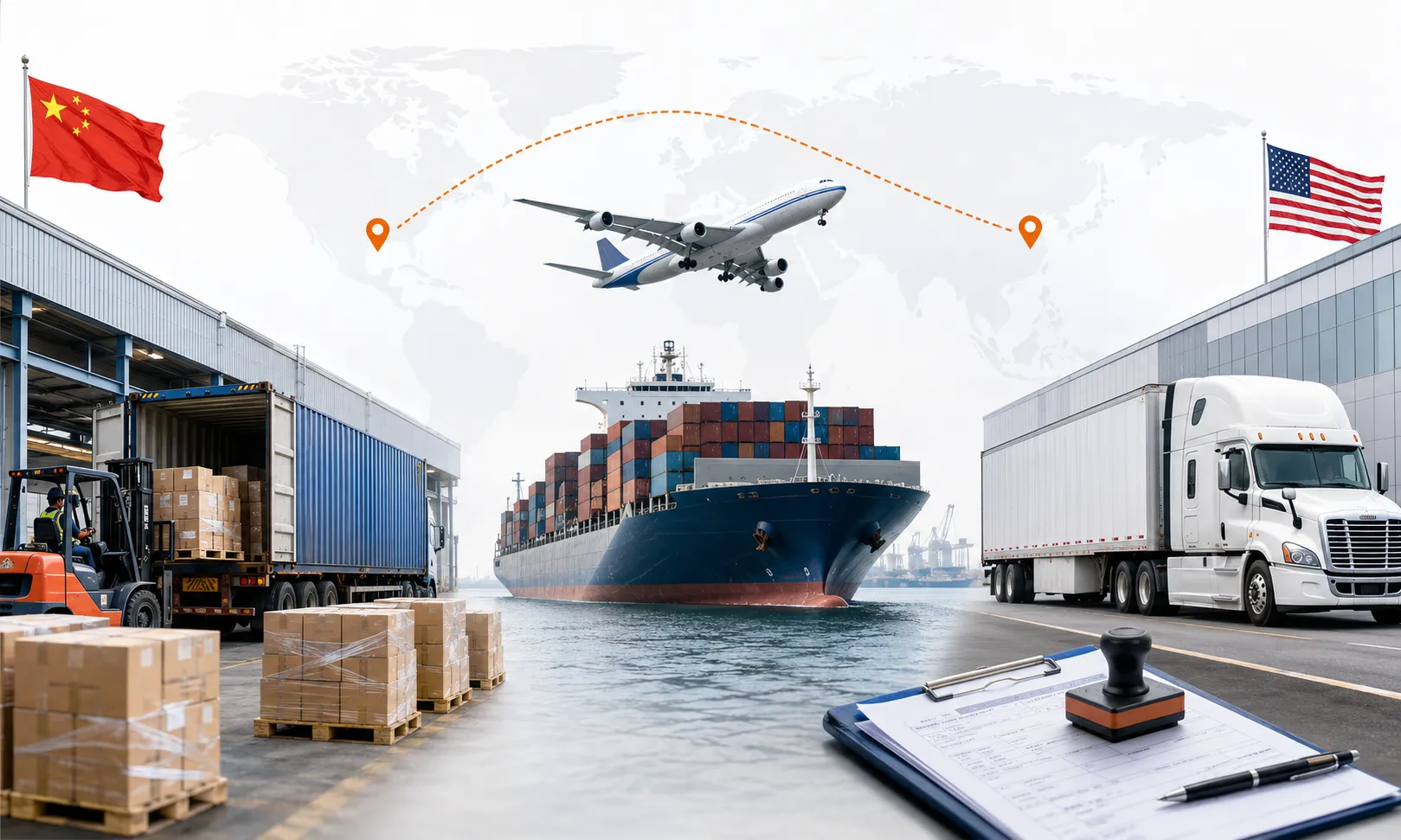DDP air and sea freight from China to USA with container shipping, cargo aircraft, customs documents, warehouse handling and final truck delivery