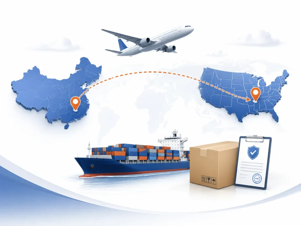DDP shipping from China to USA showing air freight, sea freight, customs clearance, duties and door-to-door delivery