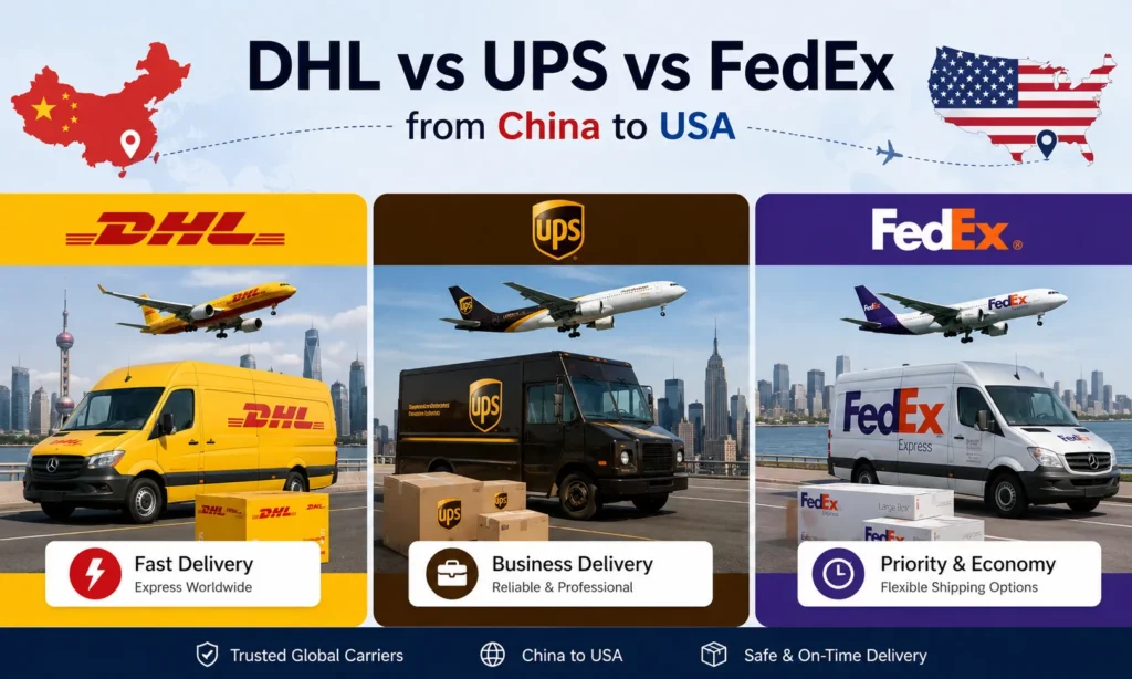 DHL vs UPS vs FedEx shipping from China to USA comparison for express delivery, courier service, delivery time and small parcel shipping