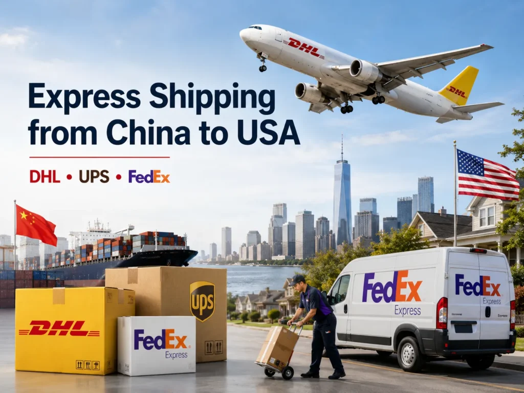Express shipping from China to USA guide showing DHL UPS and FedEx courier delivery, air express, small parcels and door-to-door delivery