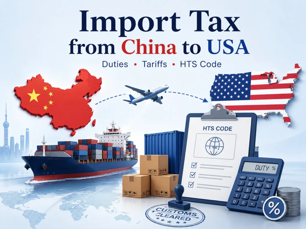 Import tax from China to USA guide showing China to USA shipping, HTS code, import duty, tariffs, customs clearance and landed cost planning