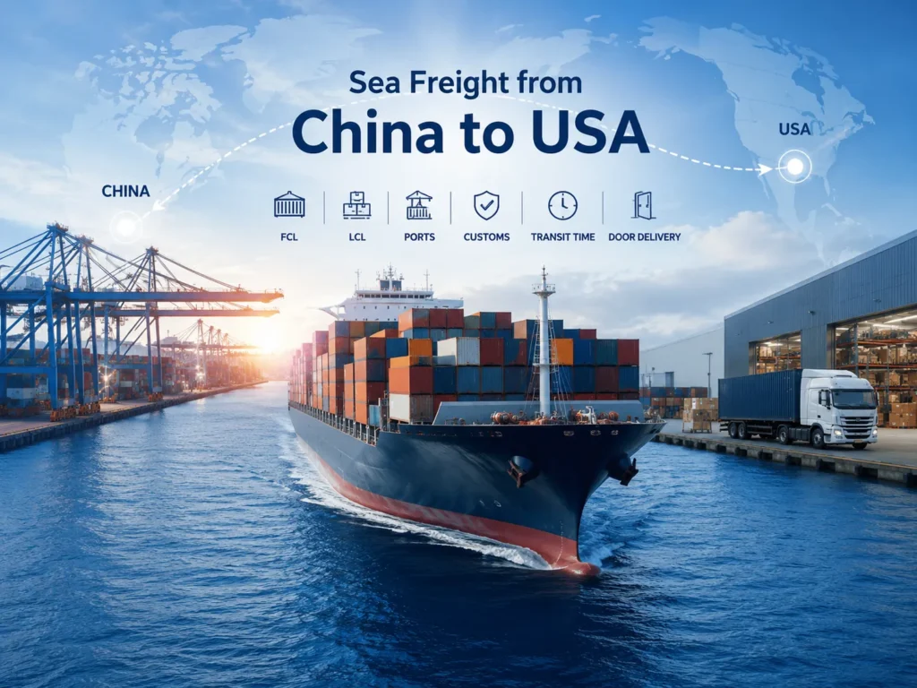 Sea freight from China to USA guide showing FCL, LCL, ocean freight, U.S. ports, customs clearance, transit time and door delivery