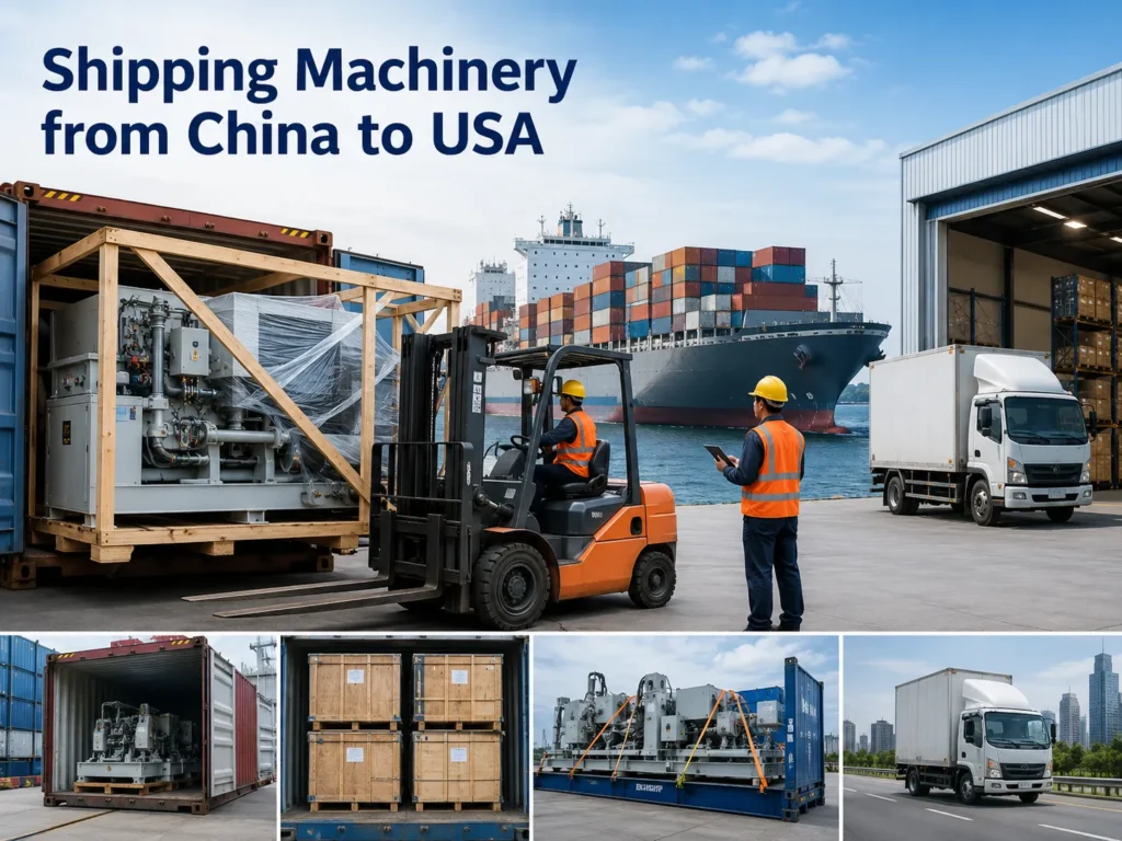 Shipping machinery from China to USA showing wooden crate packing, forklift loading, container shipping, machinery cargo, sea freight and final truck delivery