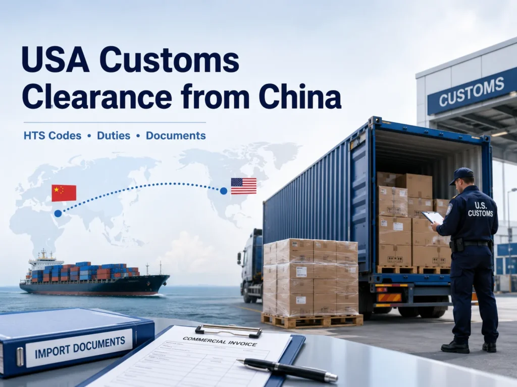 USA customs clearance from China guide showing HTS codes, import duties, customs documents, container inspection and China to USA shipping route