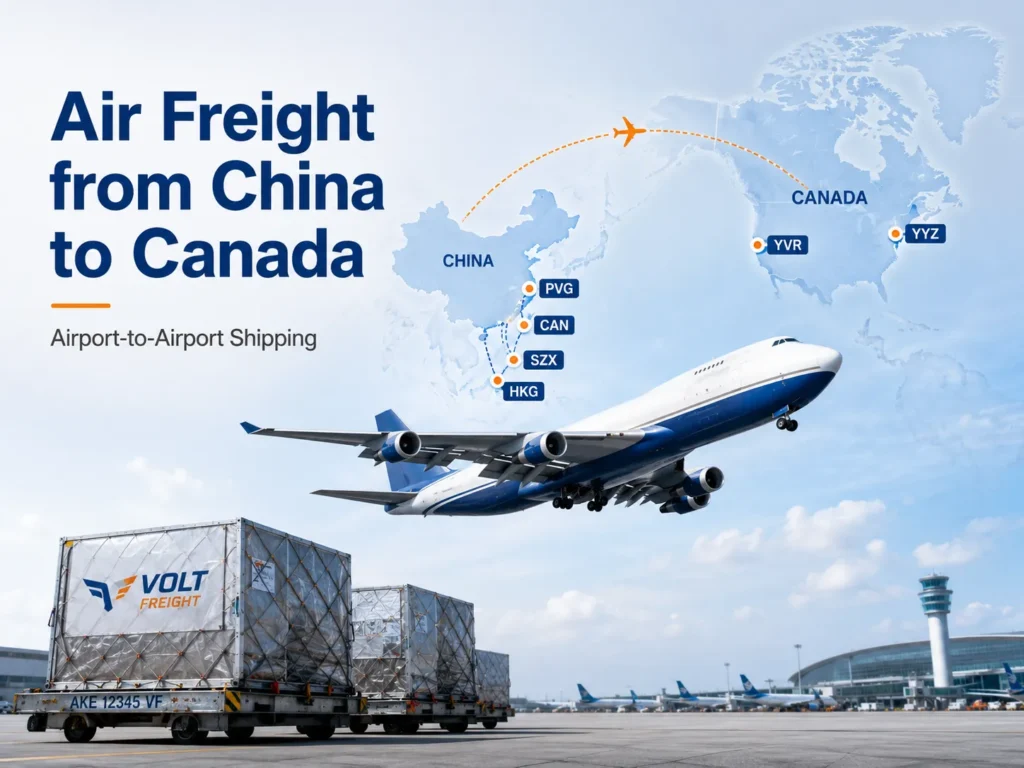 Air freight from China to Canada with a cargo aircraft, air cargo containers, and routes from PVG, CAN, SZX, and HKG to YYZ and YVR.