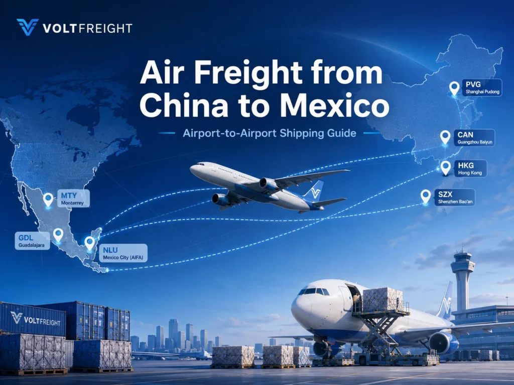 Air freight from China to Mexico showing cargo aircraft routes from SZX, CAN, HKG and PVG to NLU, GDL and MTY airports