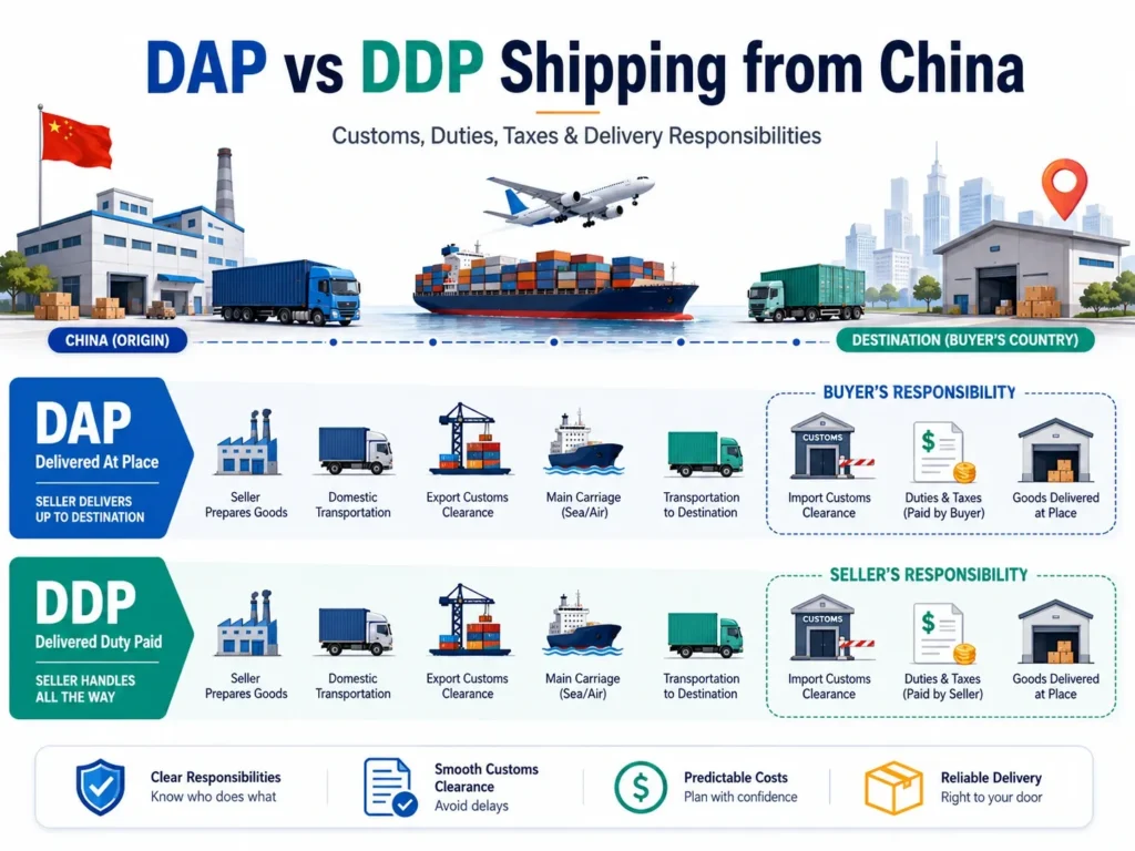 DAP vs DDP shipping from China comparison showing customs clearance, duties, taxes, transport and delivery responsibilities.