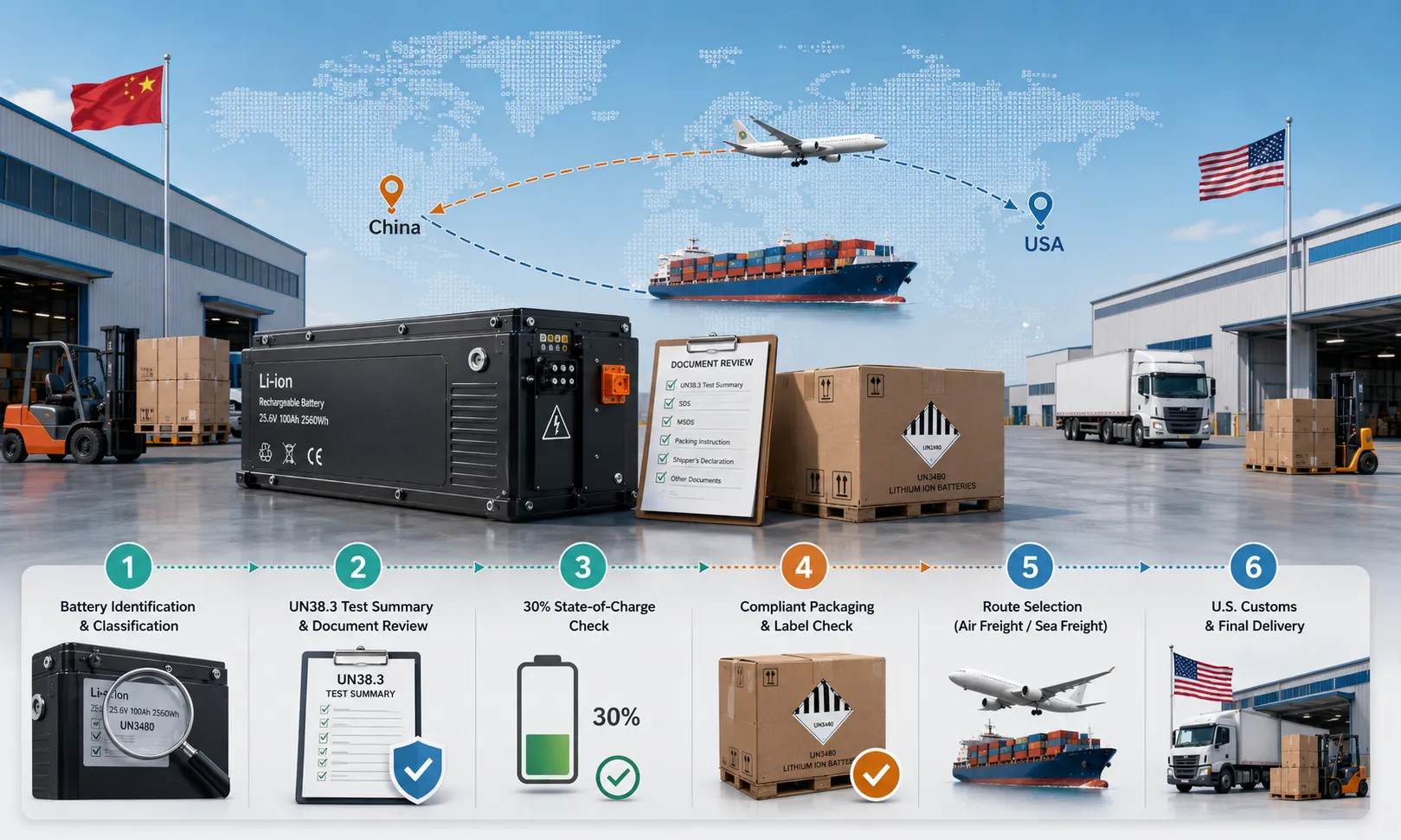 Lithium battery shipping process from China to USA showing battery review, route selection, China pickup, dangerous goods handling, international freight, U.S. customs and delivery