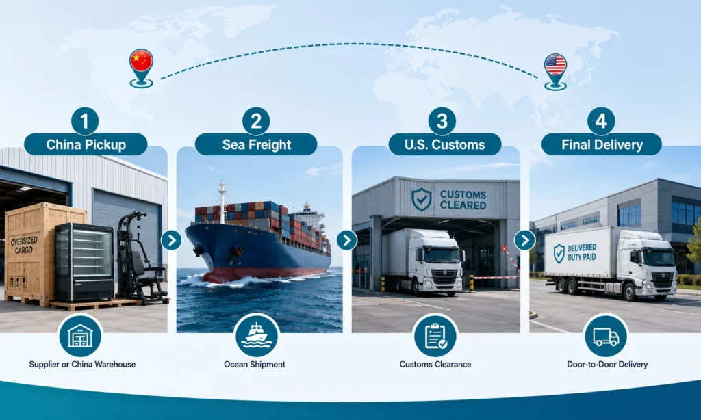 Oversized cargo shipping process from China pickup and sea freight to U.S. customs clearance and final door-to-door delivery