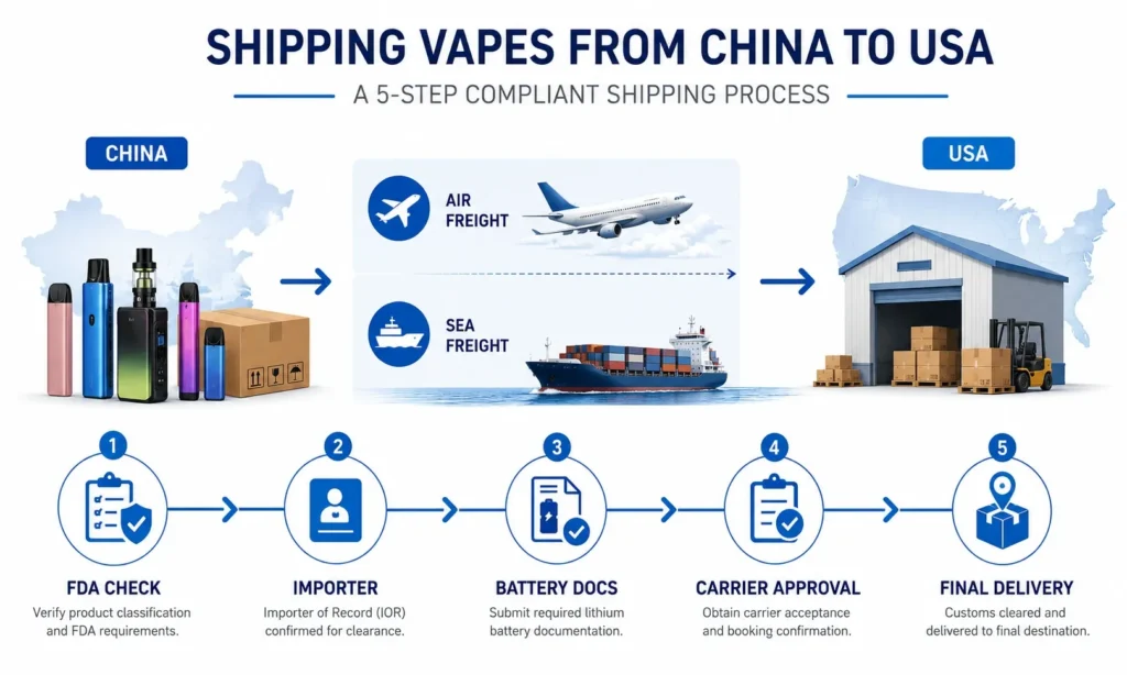 Shipping Vapes from China to the USA Process Shipping vapes from China to the USA process showing FDA checks, importer confirmation, battery documents, carrier approval and final delivery.