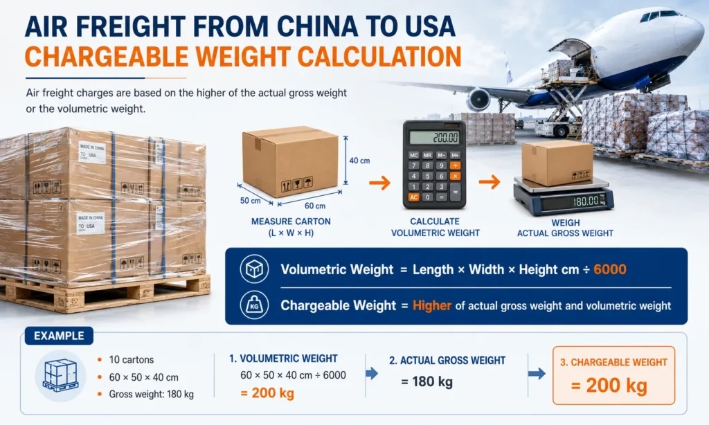 Air freight chargeable weight from China to USA showing carton dimensions, volumetric weight formula, actual gross weight and chargeable weight calculation