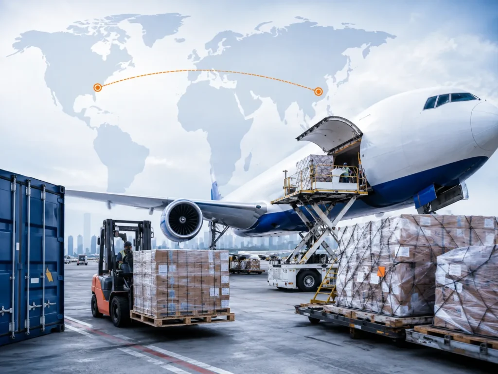 Air freight from China to USA guide showing cargo aircraft, airport loading, air cargo pallets, China to USA route and door delivery